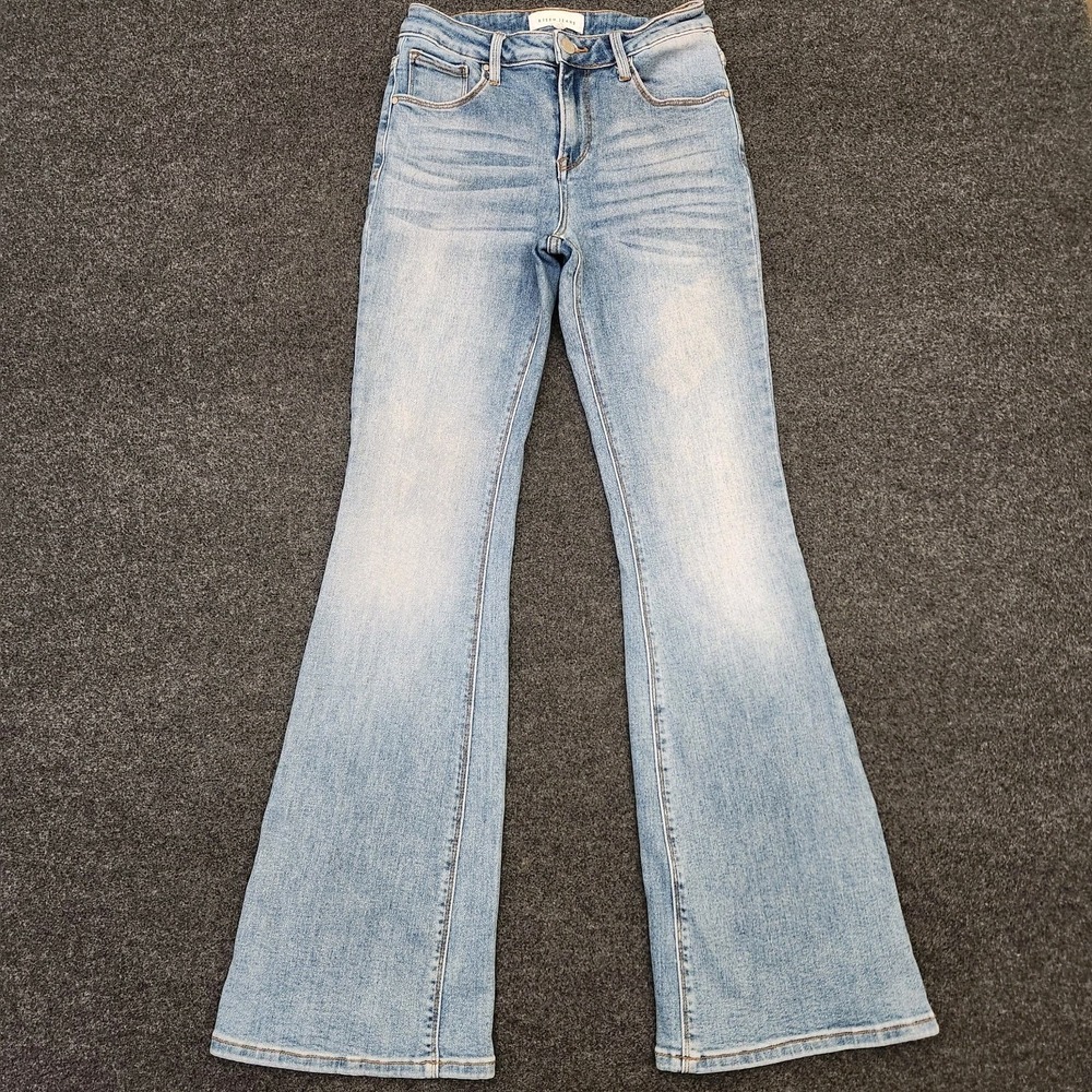 Risen Los Angeles Womens 3/26 Blue Light Wash Mid-Rise Flare Jeans Stretch Boho